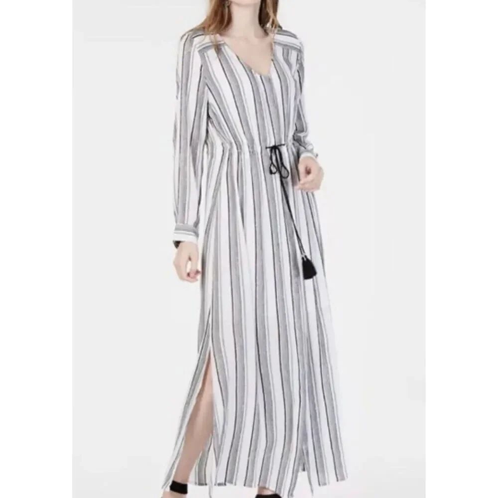 INC International Concepts white striped long sleeve metallic thread maxi dress